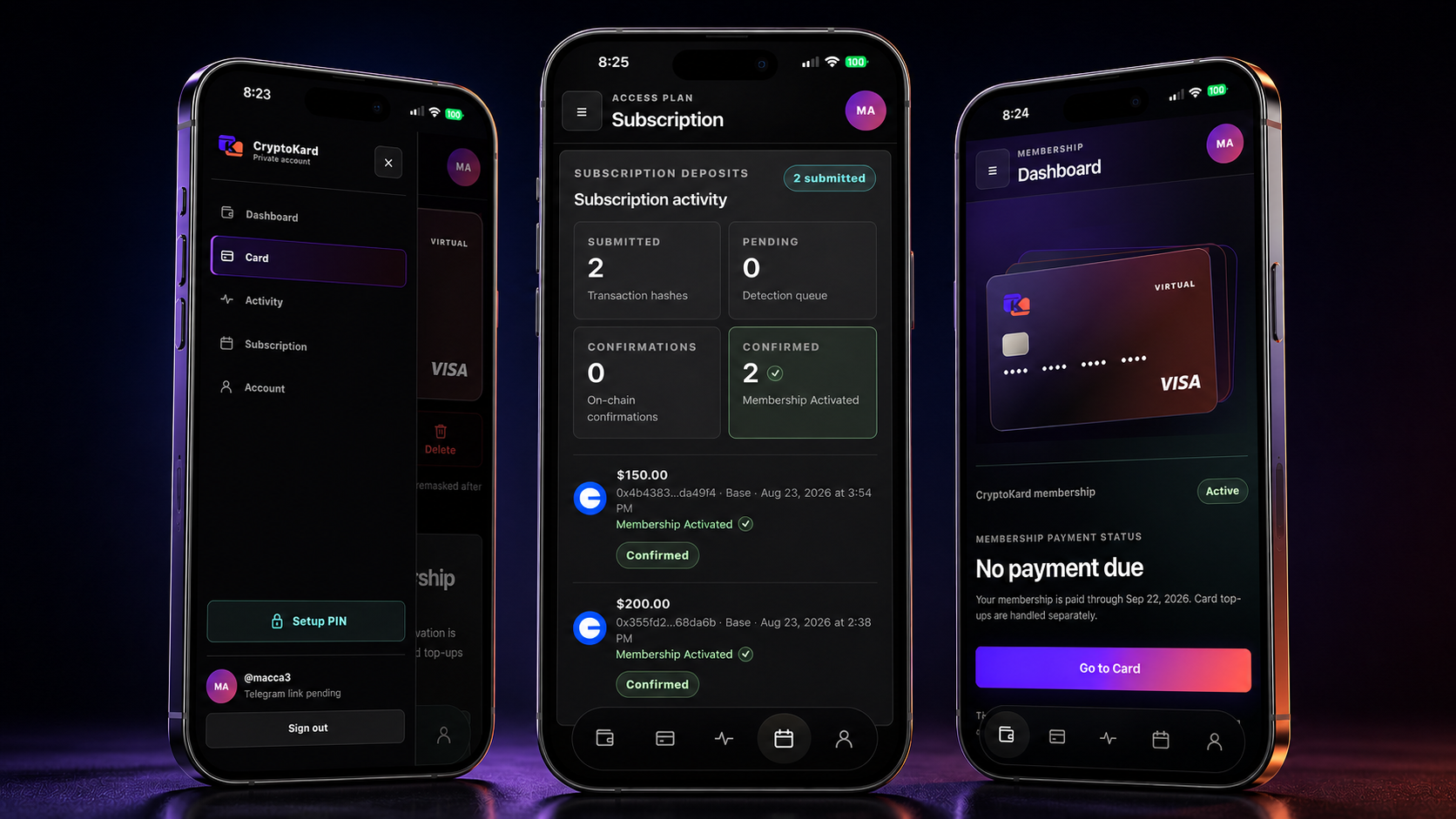 Three mobile screens showing the CryptoKard app, membership activity and dashboard